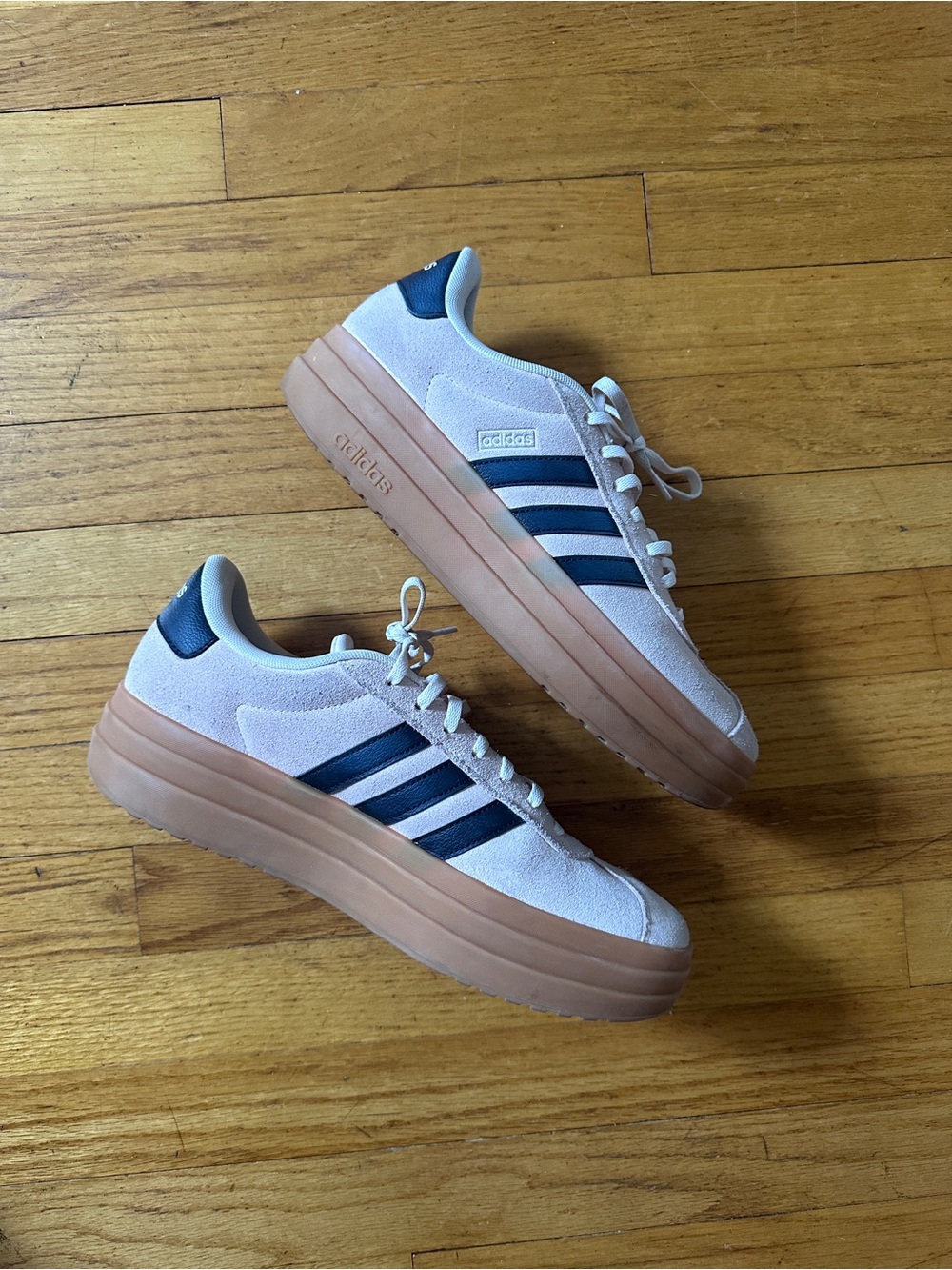 adidas Pink Suede Platform Sneakers with Navy Stripes